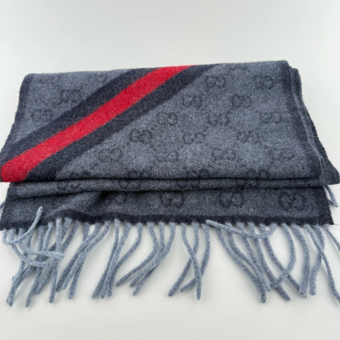 95新 GUCCI/古驰 蓝老花红条纹围巾 E331
