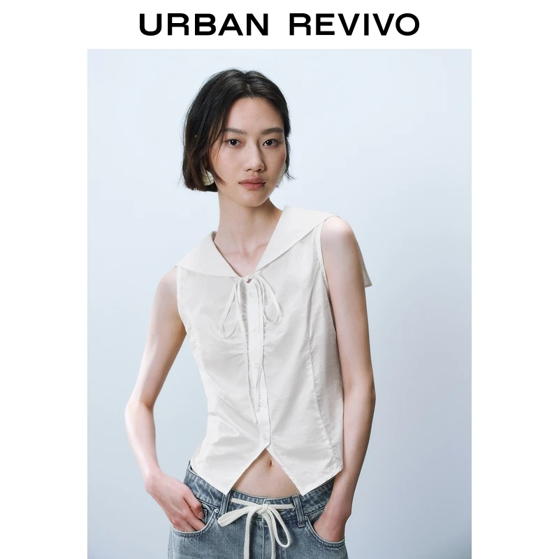 UR2025夏季新款女海军领褶皱系带棉质短袖开襟衬衫UYY250051
