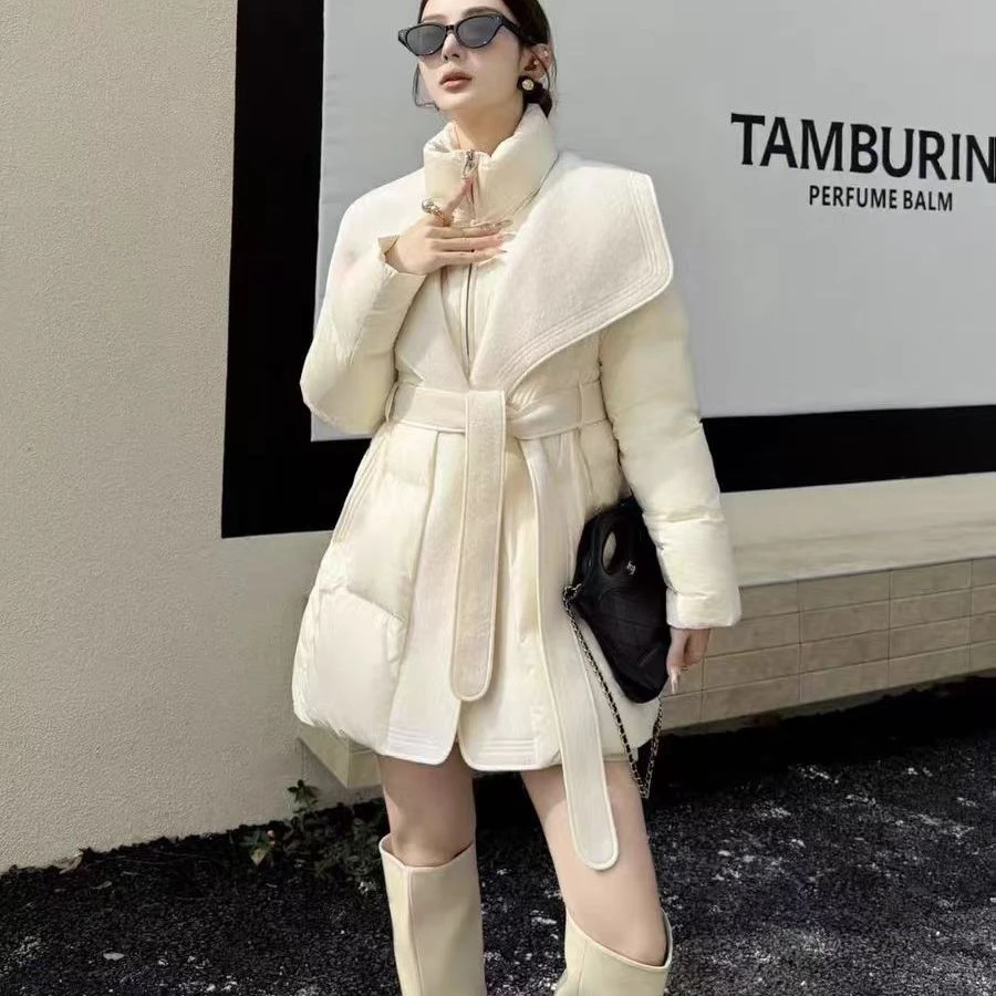 三彩大翻领羽绒服女中长款收腰显瘦外套2025冬季新款白鸭绒保暖上