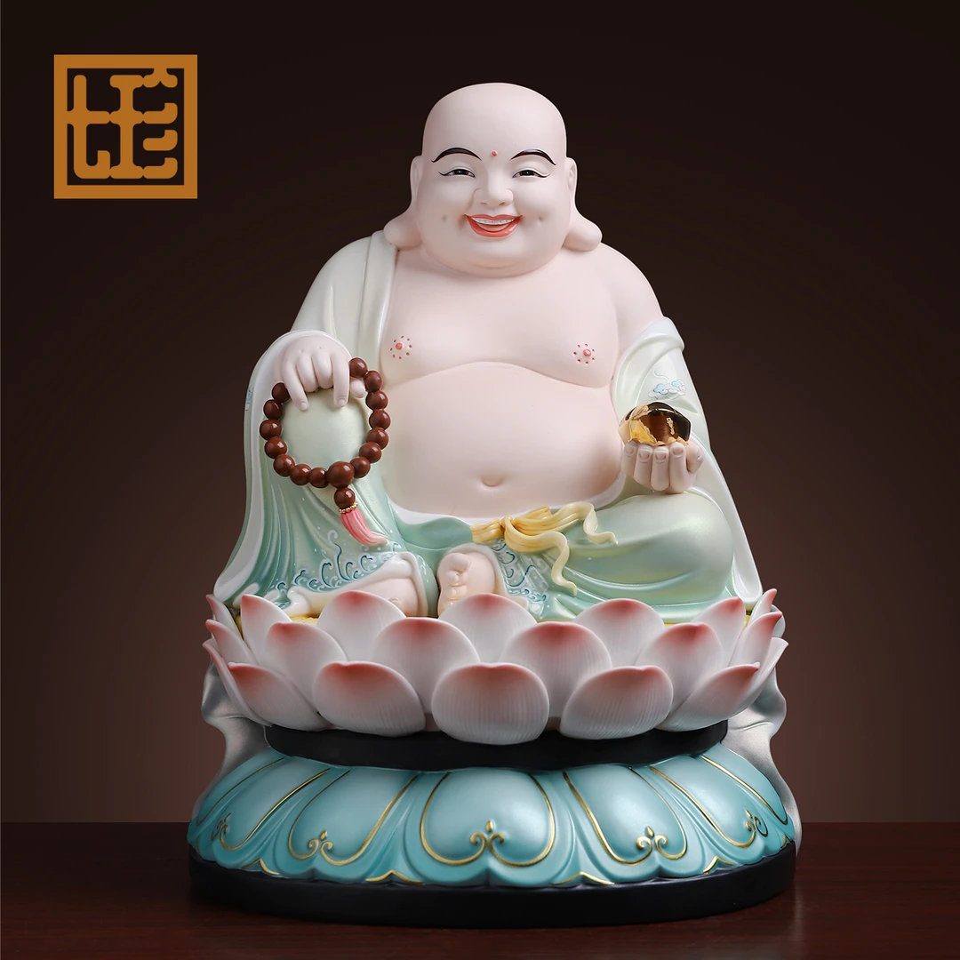 七珍德化陶瓷彩绘17英寸正坐坐莲弥勒瓷像家用大肚弥勒宝相摆件
