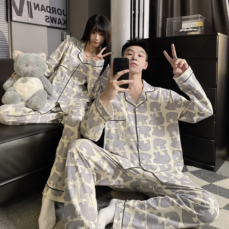 北极熊情侣睡衣女款春秋季长袖2025新款大码200斤男士家居服套装