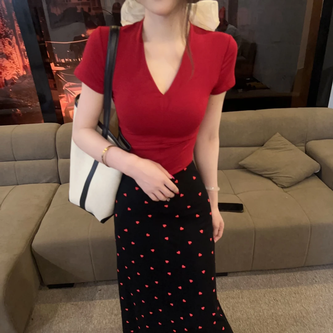 【OS&oneshow】夏季新款高腰显瘦心形半身伞裙红色V领气质上衣套装