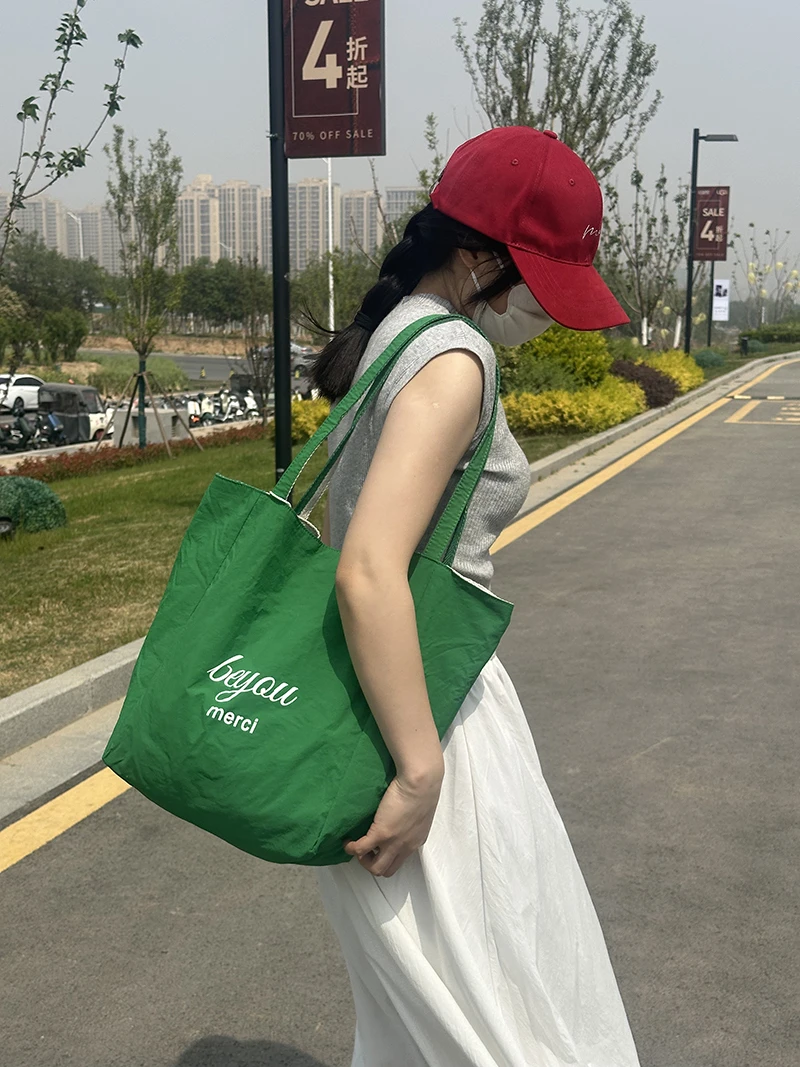 ins韩系慵懒风条纹双面包单肩托特大容量学生通勤小众包夏季新款