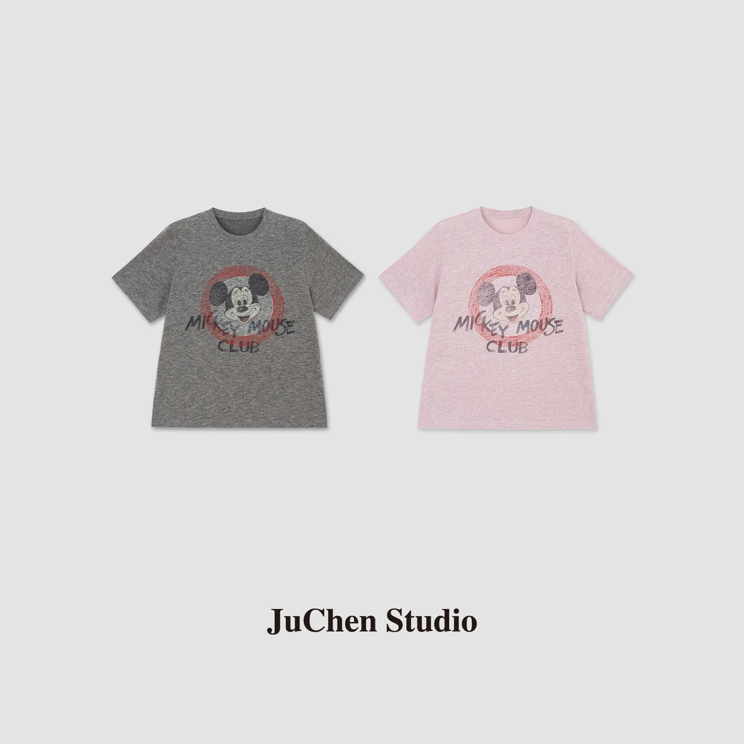 “米奇俱乐部”美式复古做旧卡通图案字母印花圆领短袖T恤 SS123378