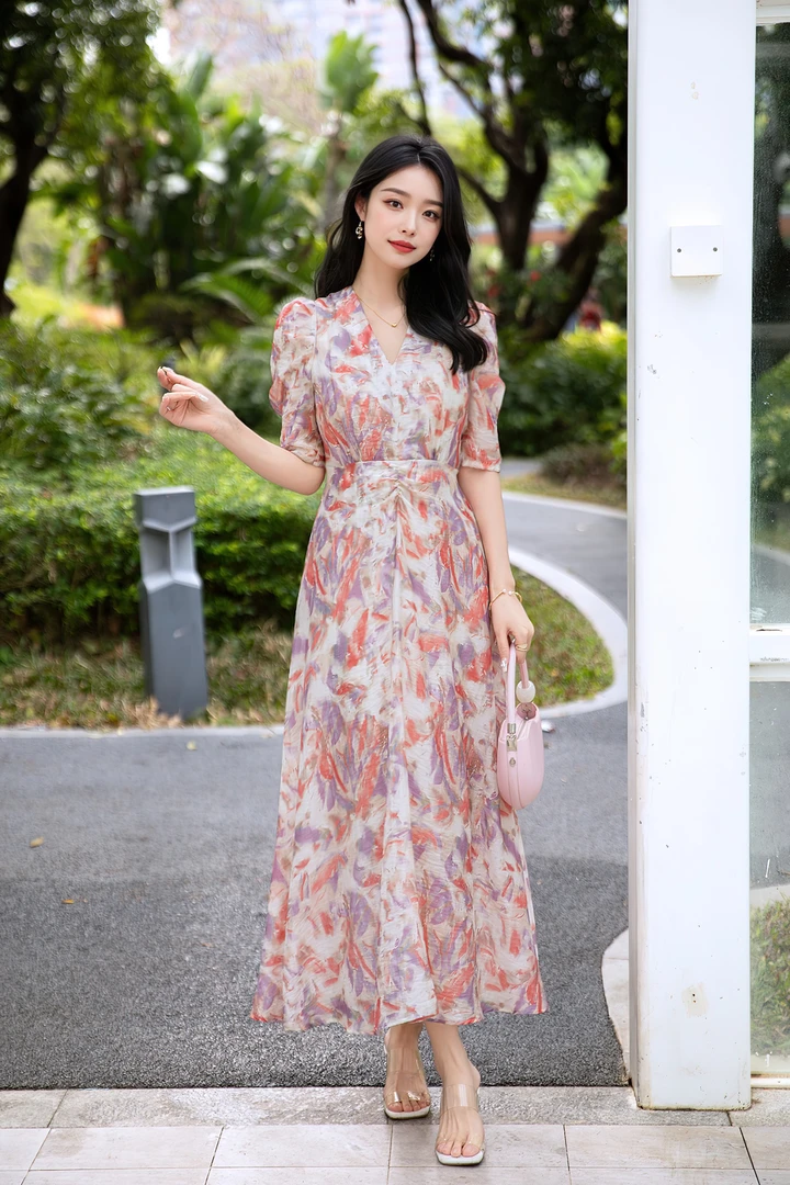 SM夏季新款V领收腰修身显瘦A字过膝连衣裙SH14