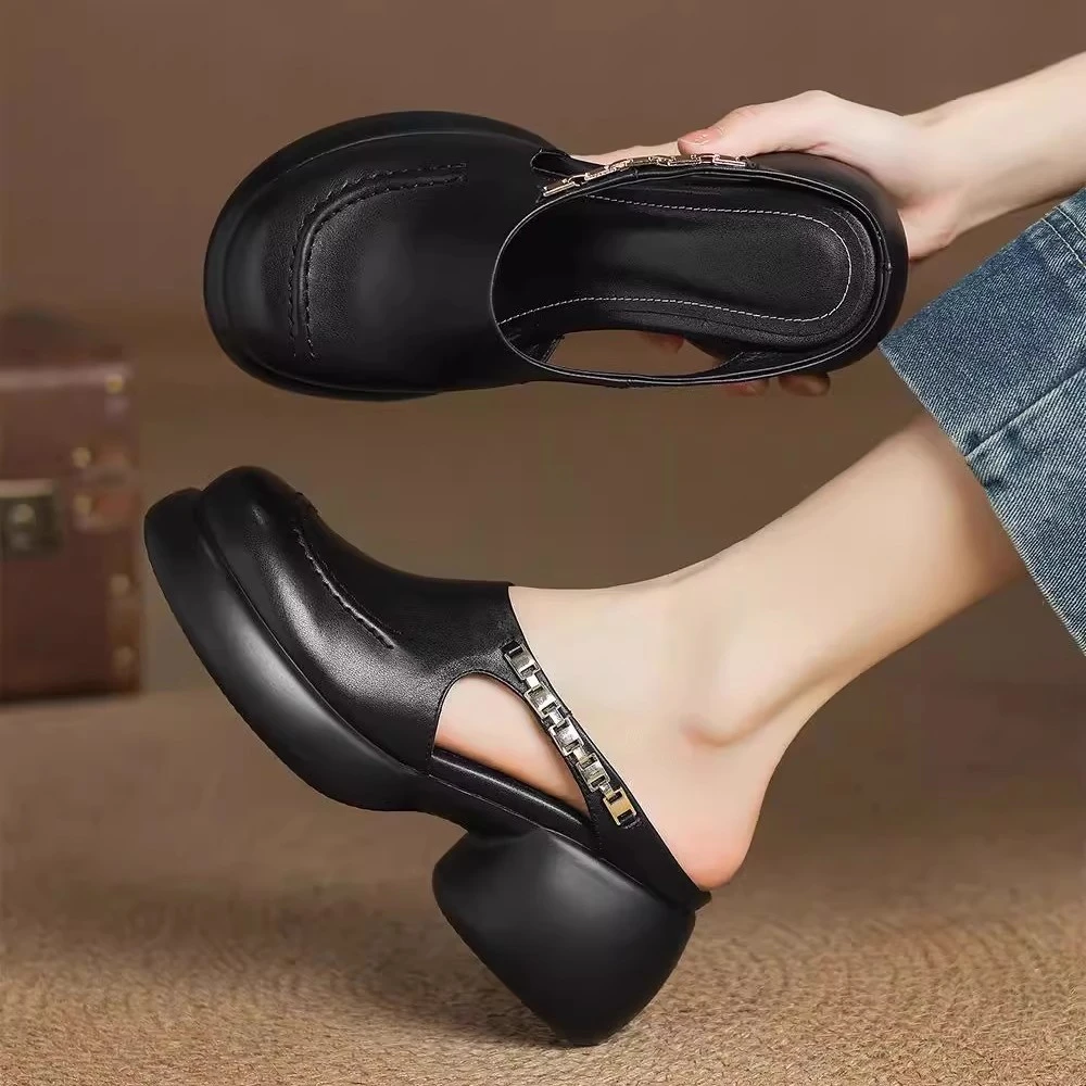 网红增高跟时尚百搭厚底粗跟包头半拖女2025夏季外穿拖鞋19