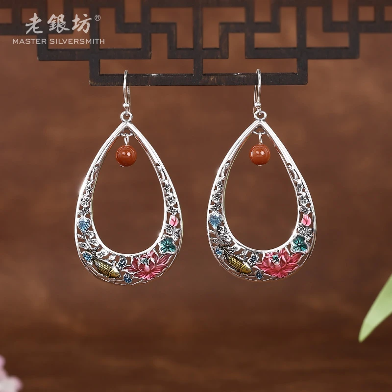 【老银坊】s925银镂空鱼戏莲水滴耳坠 0014484