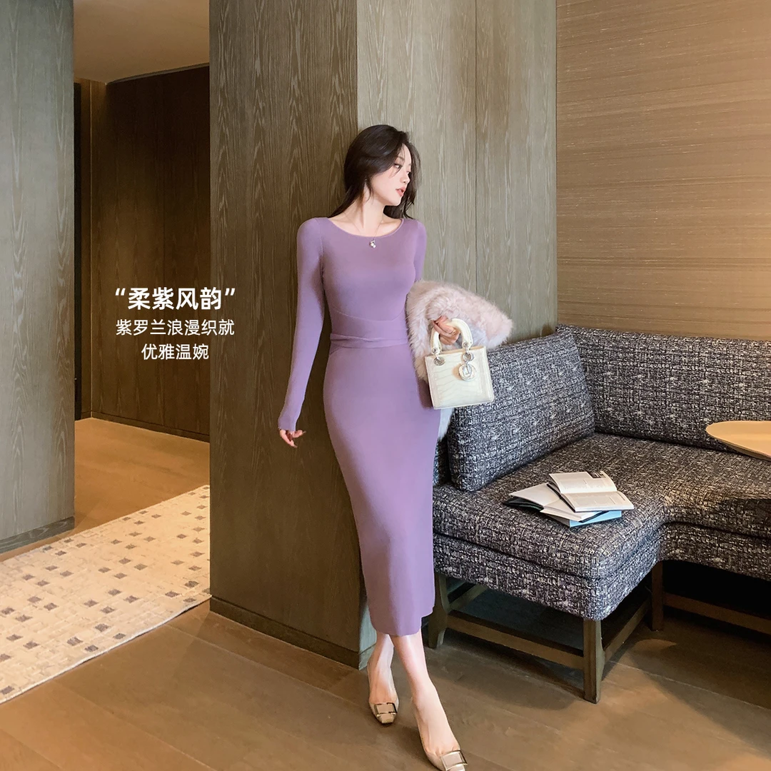 林关关【柔紫风韵】气质女人系带紫色连衣裙秋季韵味百搭显瘦长裙女