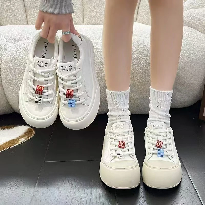 2025春季新款韩版丑萌圆头面包鞋厚底增高百搭舒适休闲小白鞋