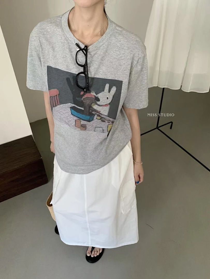 密思@88985 韩系休闲简约兔子图案印花宽松短袖T（衣长62）7-1