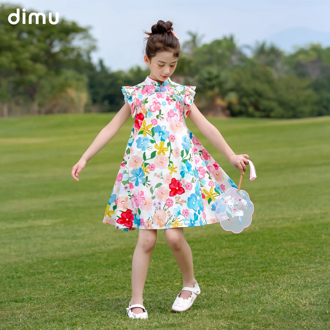 笛牧女童连衣裙2025夏季新款洋气新中式旗袍印花女孩儿童裙子