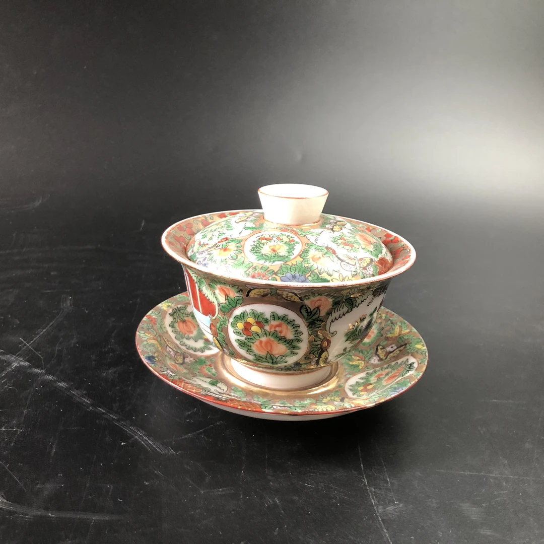 A01073民国广彩描金开窗花卉三才盖碗 直径12.5cm