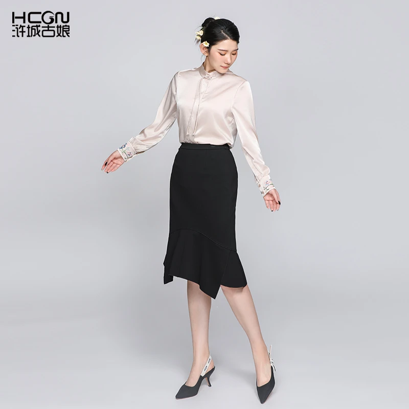 hcgn/浒城古娘国风秋季半身裙不规则修身显瘦黑色职业CMT19610