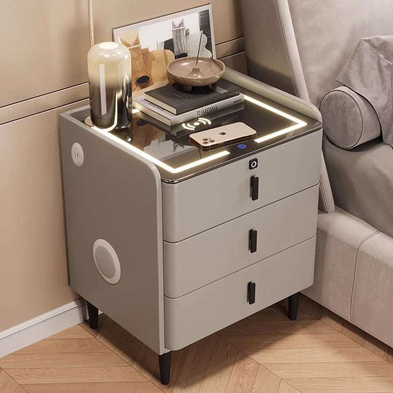 欧格雅实木智能床头柜简约现代家用多功能轻奢卧室指纹锁无线充电