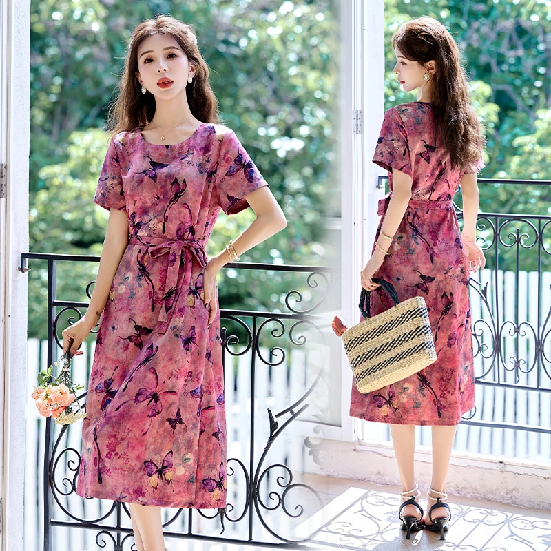 宽松连衣裙女装2025夏季新款高级妈妈气质收腰显瘦时尚印花长裙子