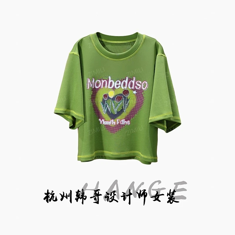 【韩哥女装】2025欧版小众冬青绿印花烫钻时尚休闲高克重短袖8796