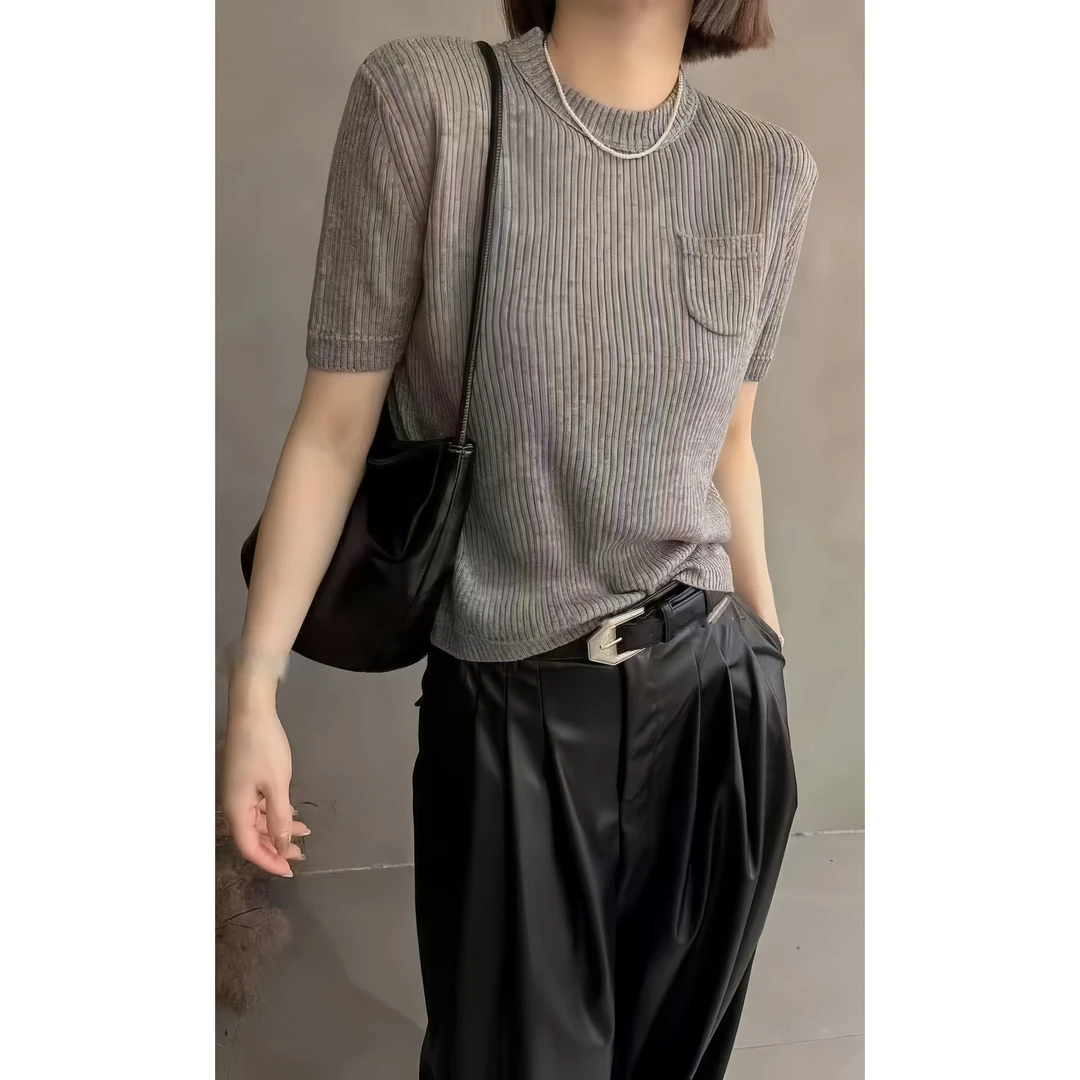 QianRH-9879春季新款休闲百搭简约条纹圆领针织短袖