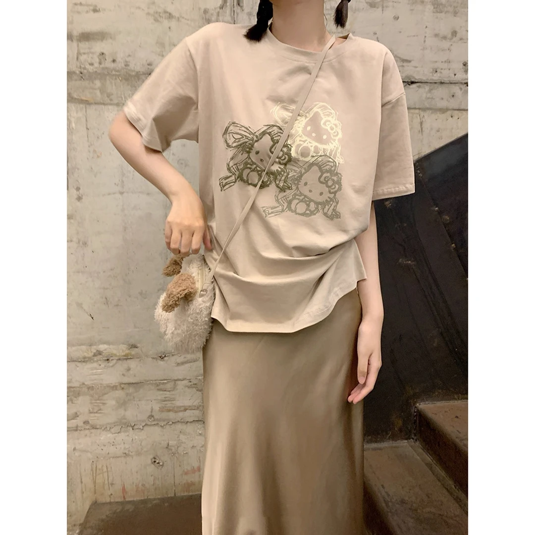 【kitty系列】印花短袖T恤女夏百搭韩版休闲上衣+缎面半身裙 8940#