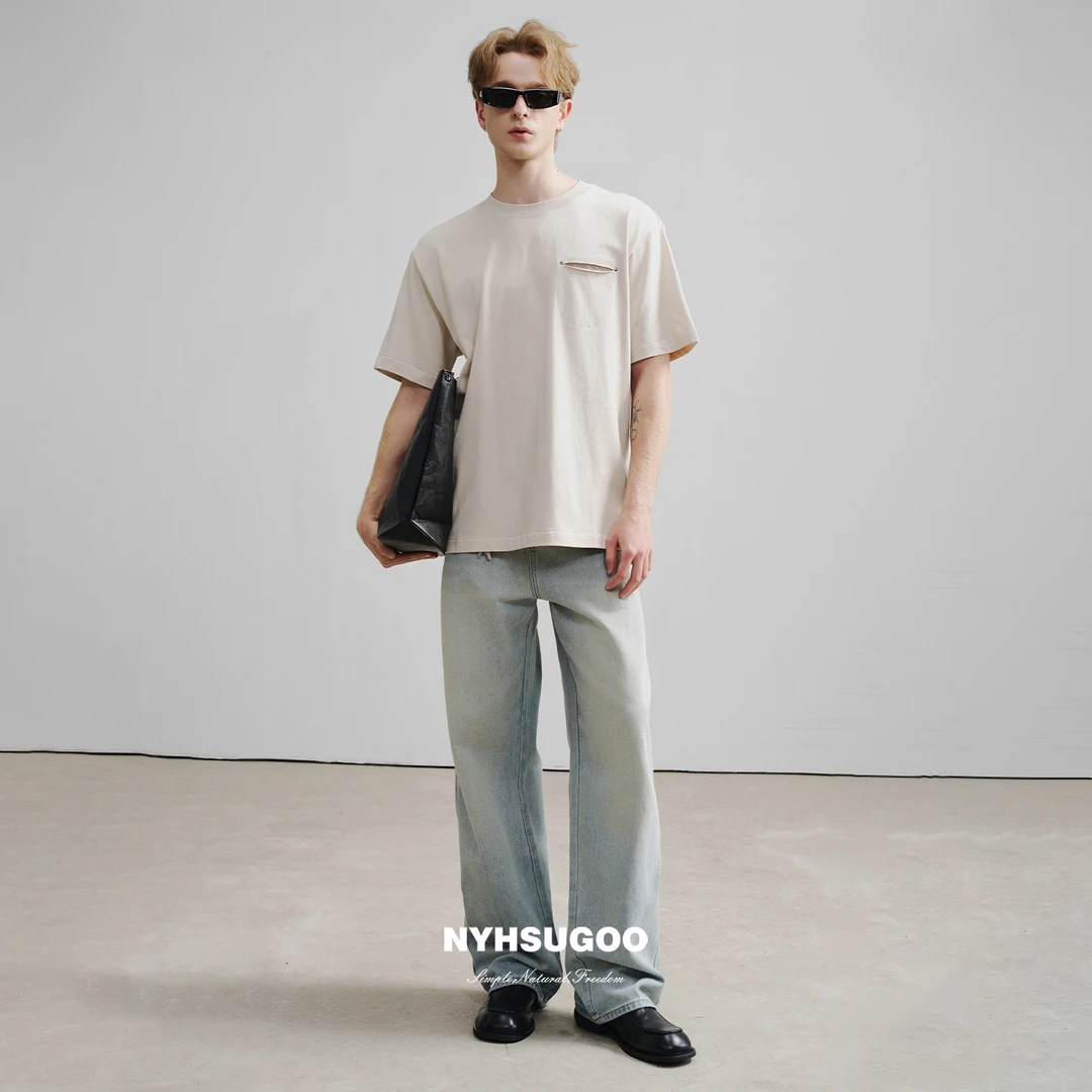 NYHSUGOO/南乙3551春夏新疆棉纳米染工艺固色男士捏褶阔腿牛仔裤
