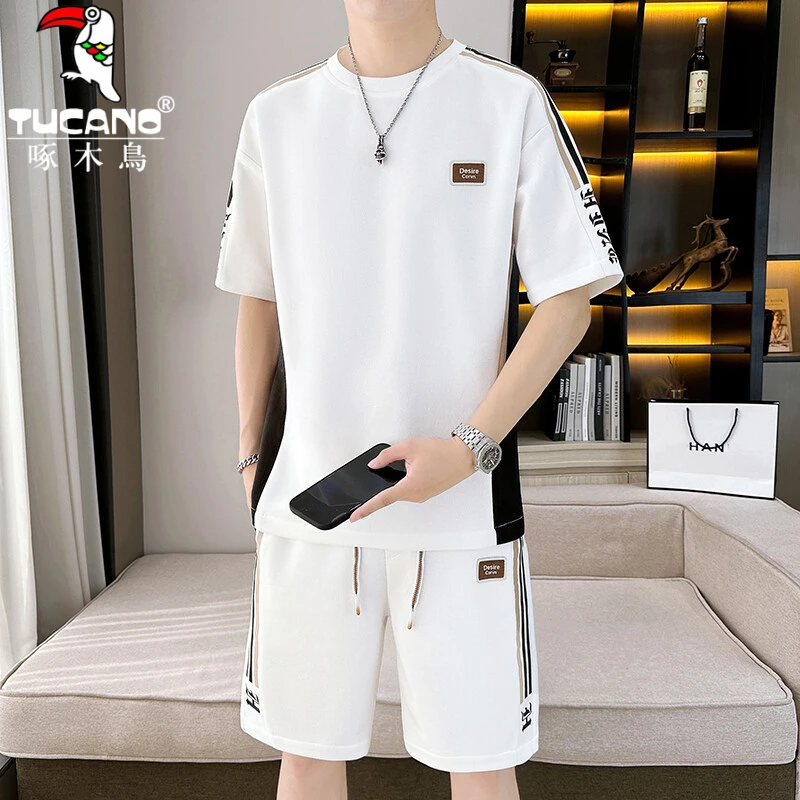 啄木鸟夏天冰丝短袖短裤套装男士夏款潮流休闲痞帅男装一套搭配