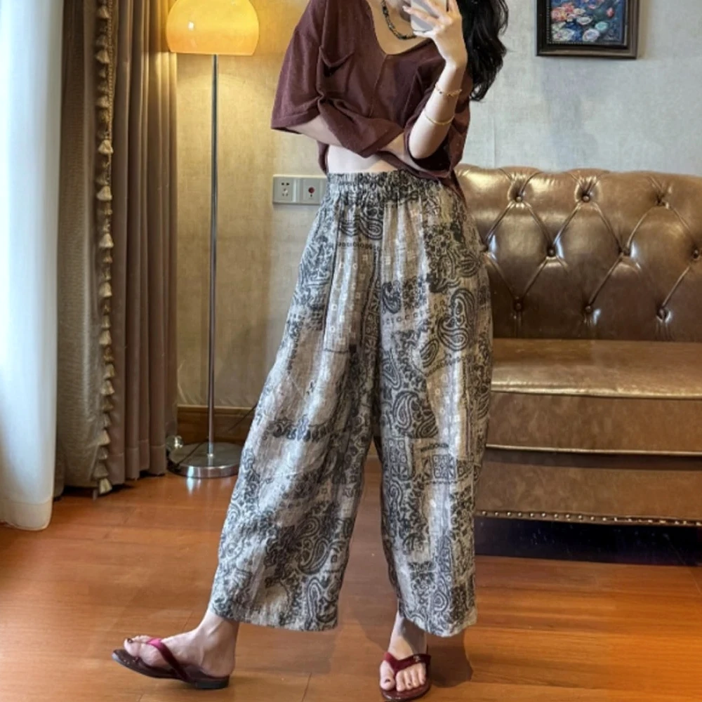 复古印花阔腿弯刀裤女2025年夏季薄款大码胖mm宽松显瘦九分休闲裤