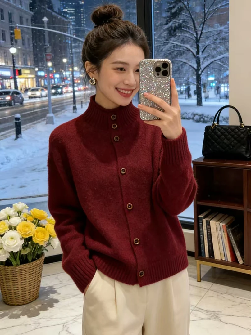 【复古红】新年红高领毛衣外套开衫女秋冬季软糯慵懒风针织上衣