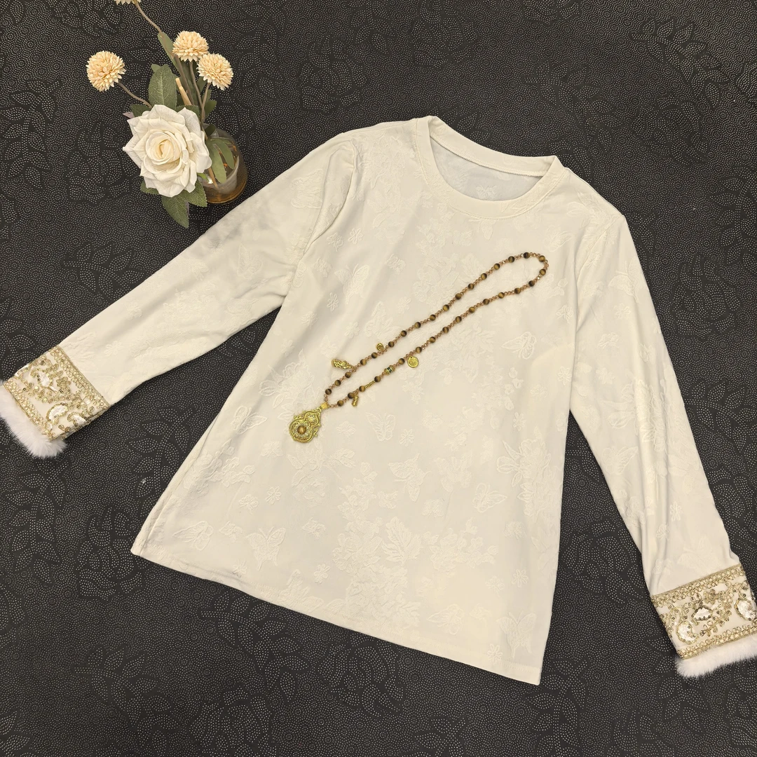 新中式提花加绒圆领长袖弹力毛边袖口国风女士打底上衣秋冬