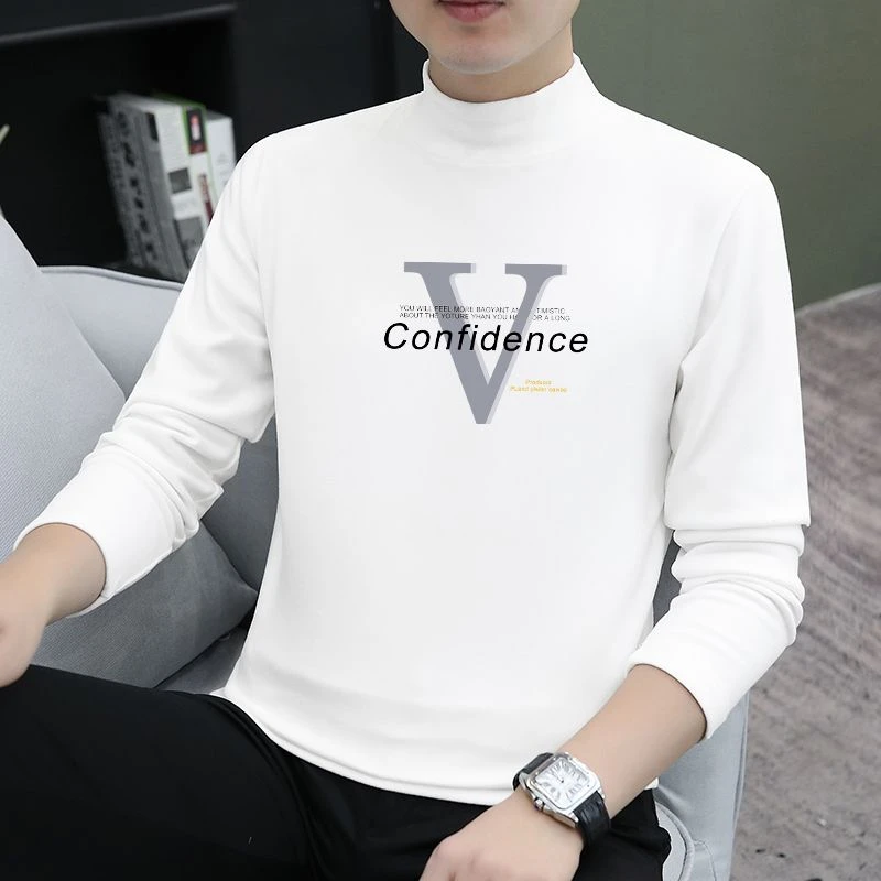 长袖时尚百搭T恤男士2025圆领新款上衣打底保暖潮流小半高领秋衣