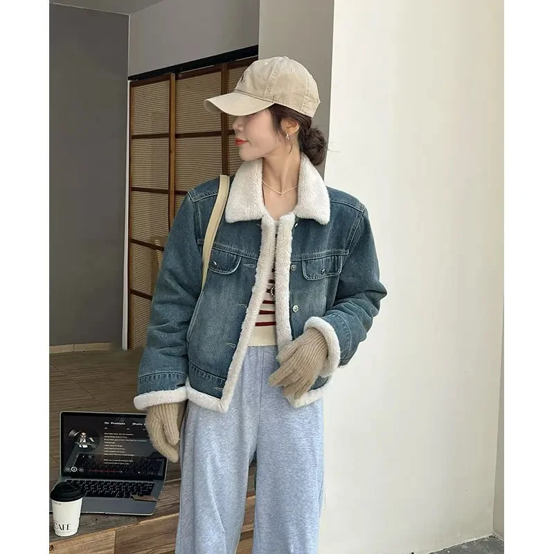 秋冬季2025新款韩系加厚仿水貂毛百搭牛仔外套女复古休闲上衣潮