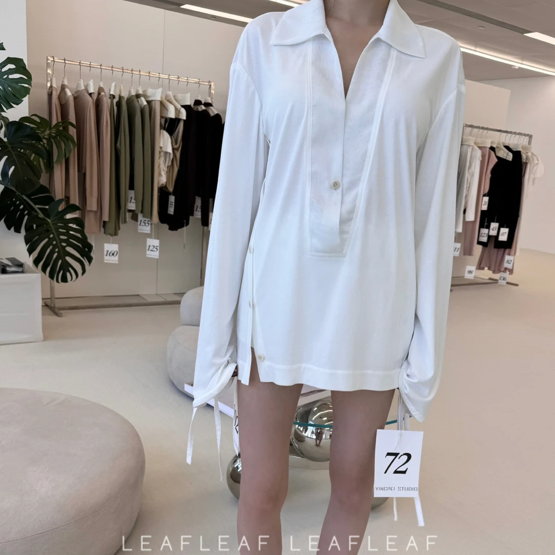 YINGPEI STUDIO 领口拼接抽绳衬衫 LEAFLEAF设计师品牌