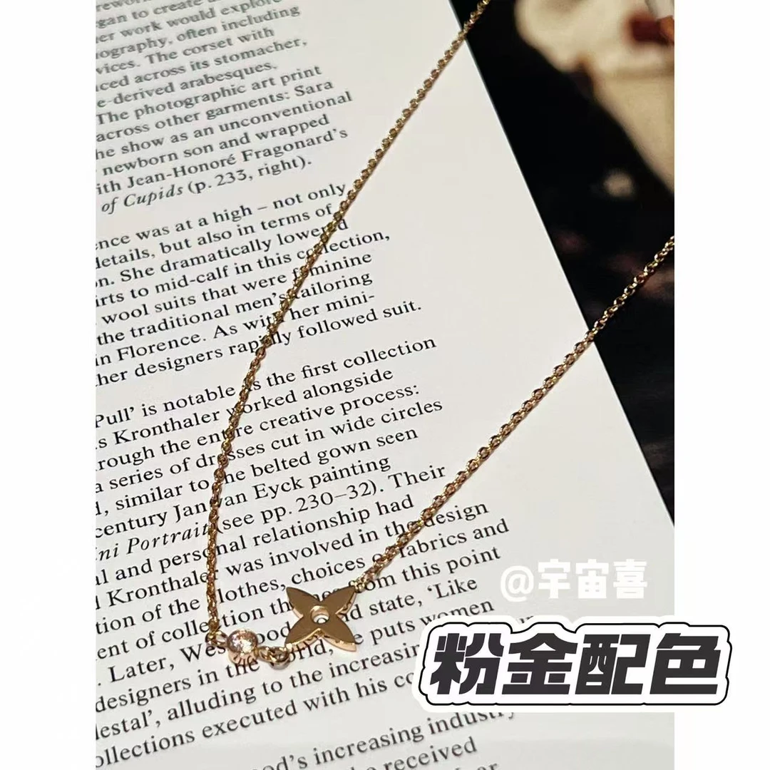 铜合金项链  J1-052【粉金尖花白锆极简细链项链】