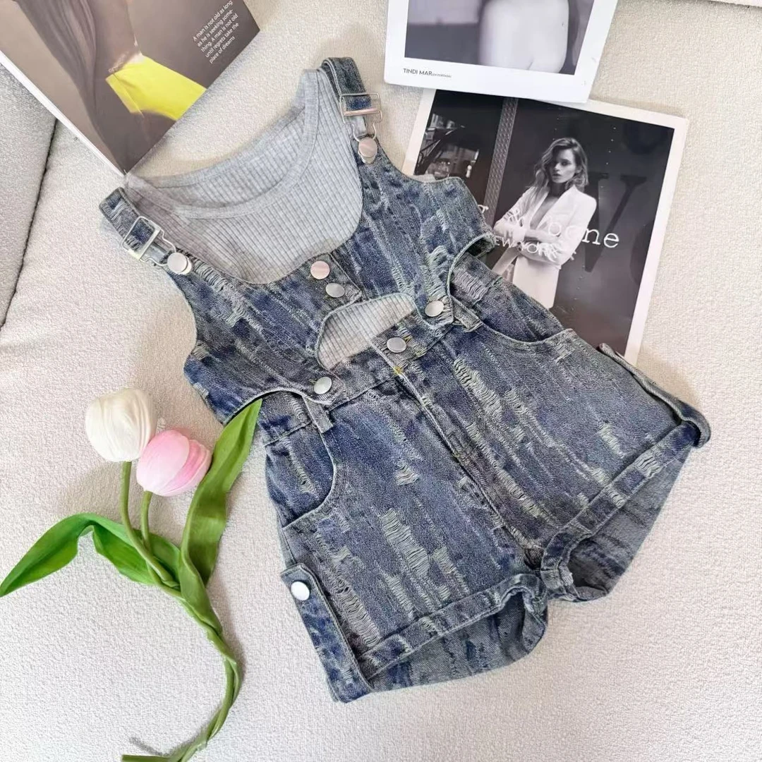 2025夏季女童牛仔背心短裤套装女宝宝纽扣吊短裤牛仔洋气两件套