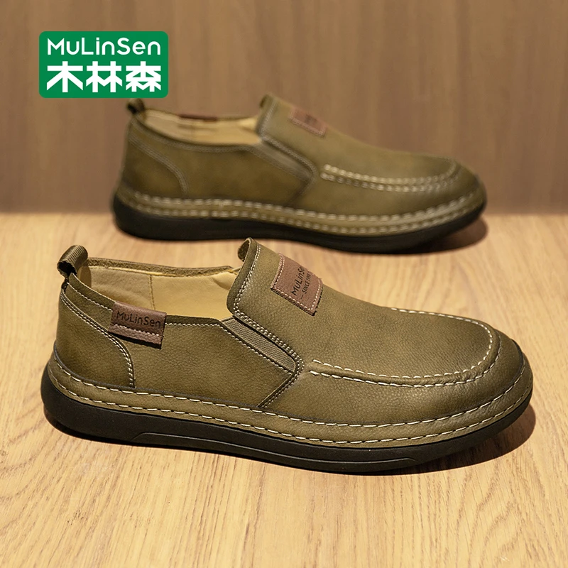 木林森男士皮鞋2025新款商务一脚蹬乐福鞋开车中年爸爸软底休闲鞋