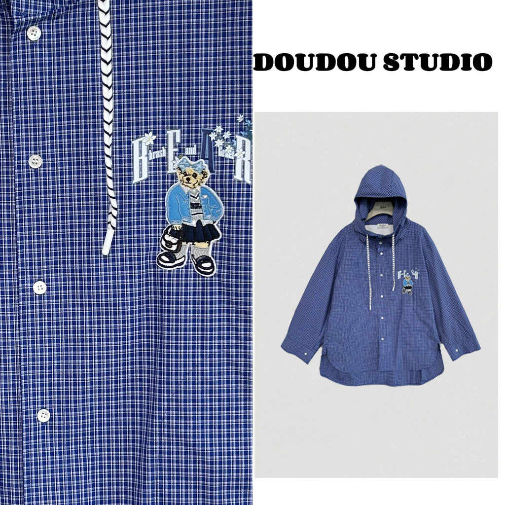 【兜兜】小熊画家 秋季新款格子条纹宽松大版连帽衬衫外套 211612