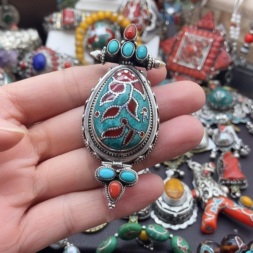 绿松石银S925镶嵌颈饰坤尼泊尔手工制作