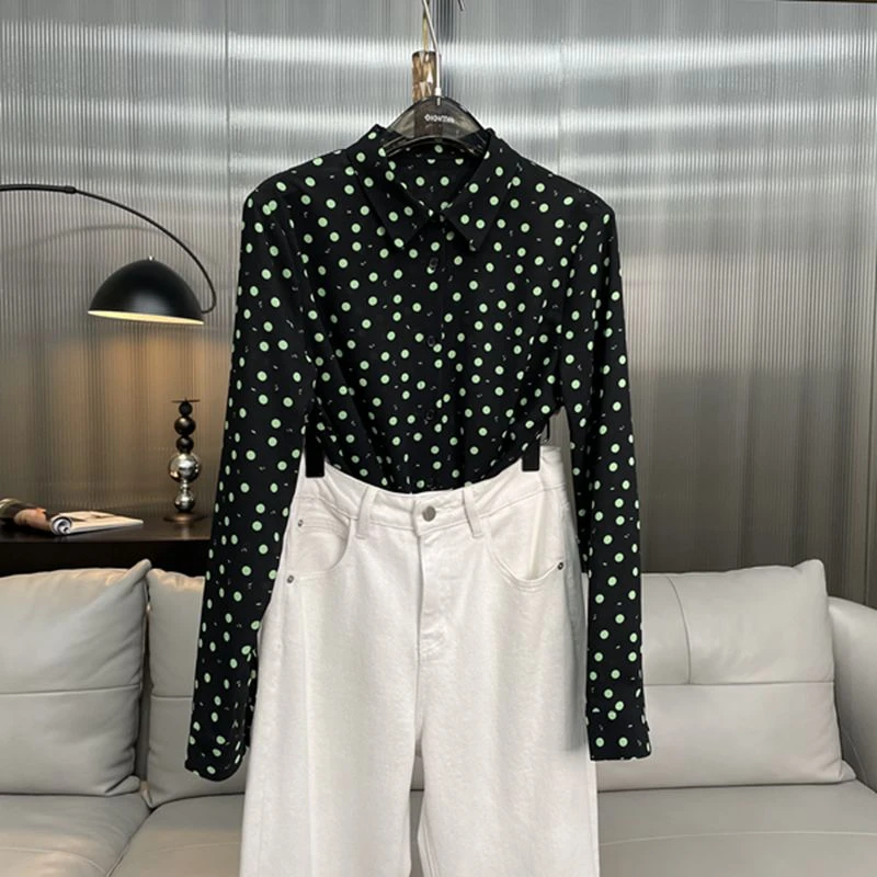 （墨染翡绿）韩范时尚方领波点碎花女衬衫气质洋气通勤显瘦印花衬衣