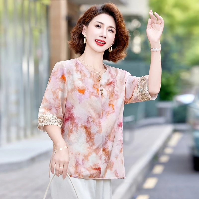 新款夏季薄款洋气中老年女装宽松2件套妈妈宽松新国风T恤小衫遮肉