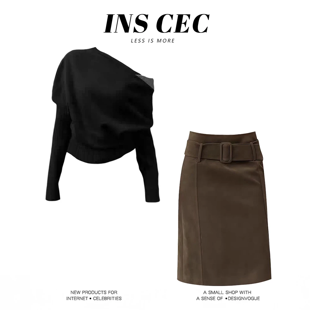 INS CEC纯欲风撞色拼接露肩毛衣针织衫高级感A字半身裙两件套女