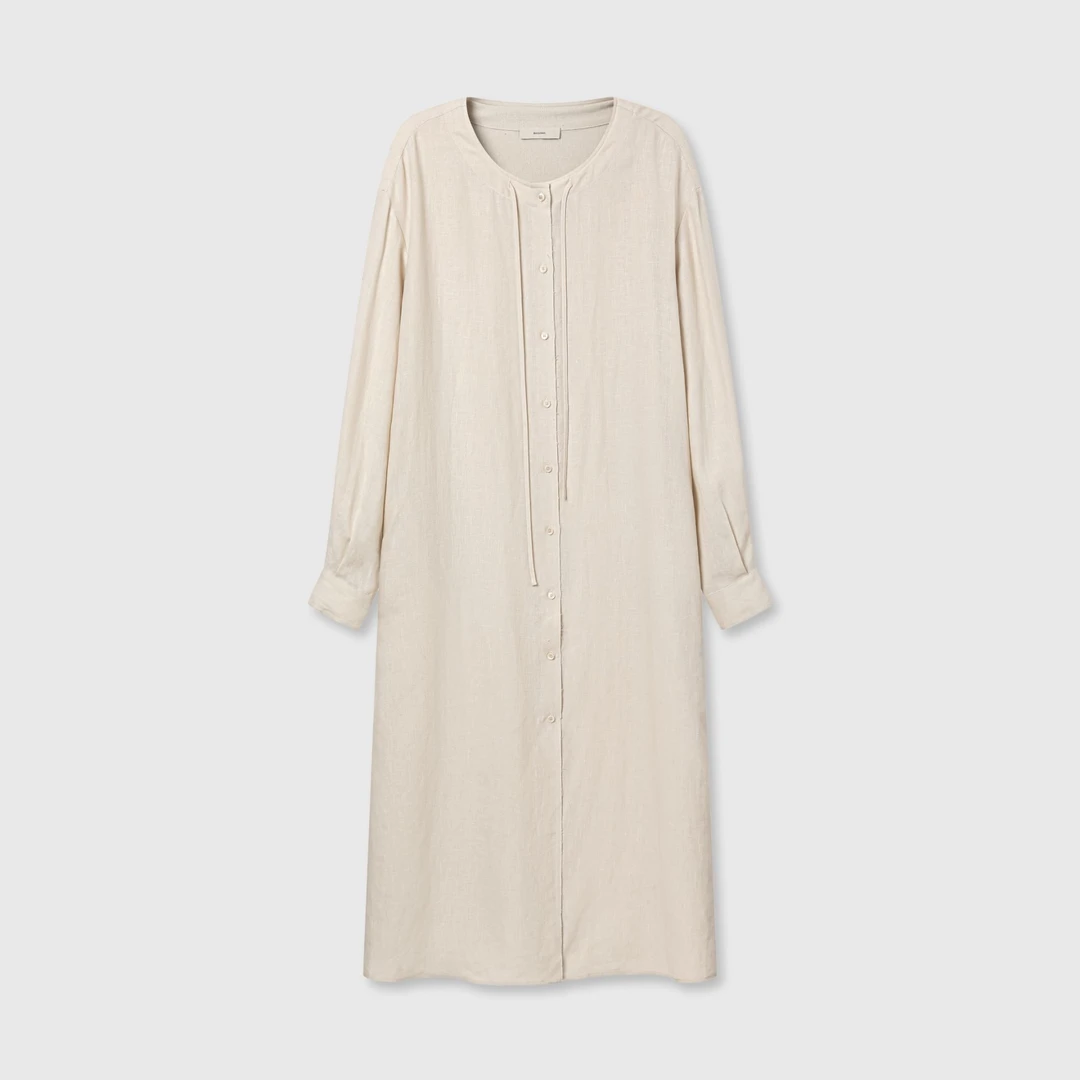 白弓BAIGONG/2025新款亚麻简约H型宽松古朴圆领连衣裙53639X