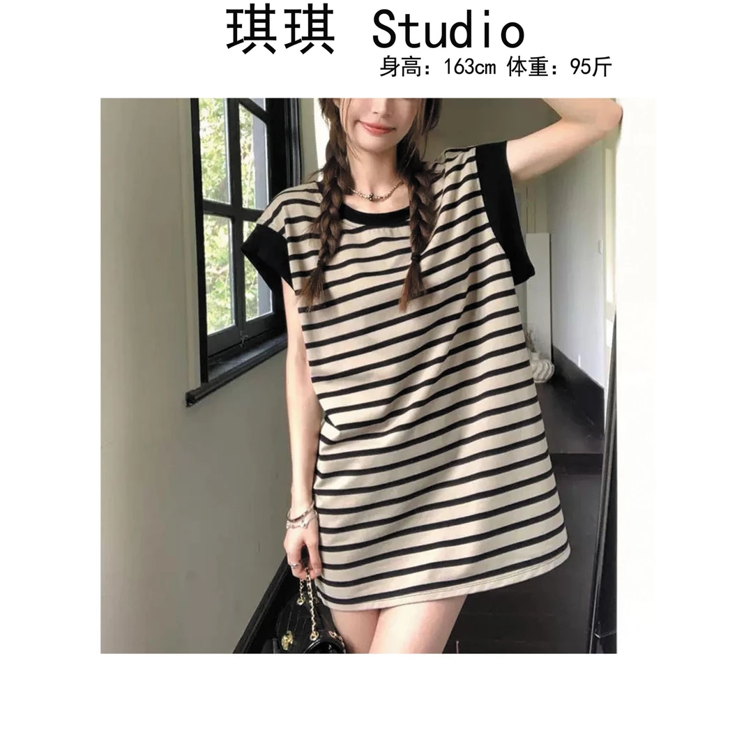 《琪琪家》夏季新款潮流气质时尚宽松显瘦减龄大板条纹上衣7619-CS