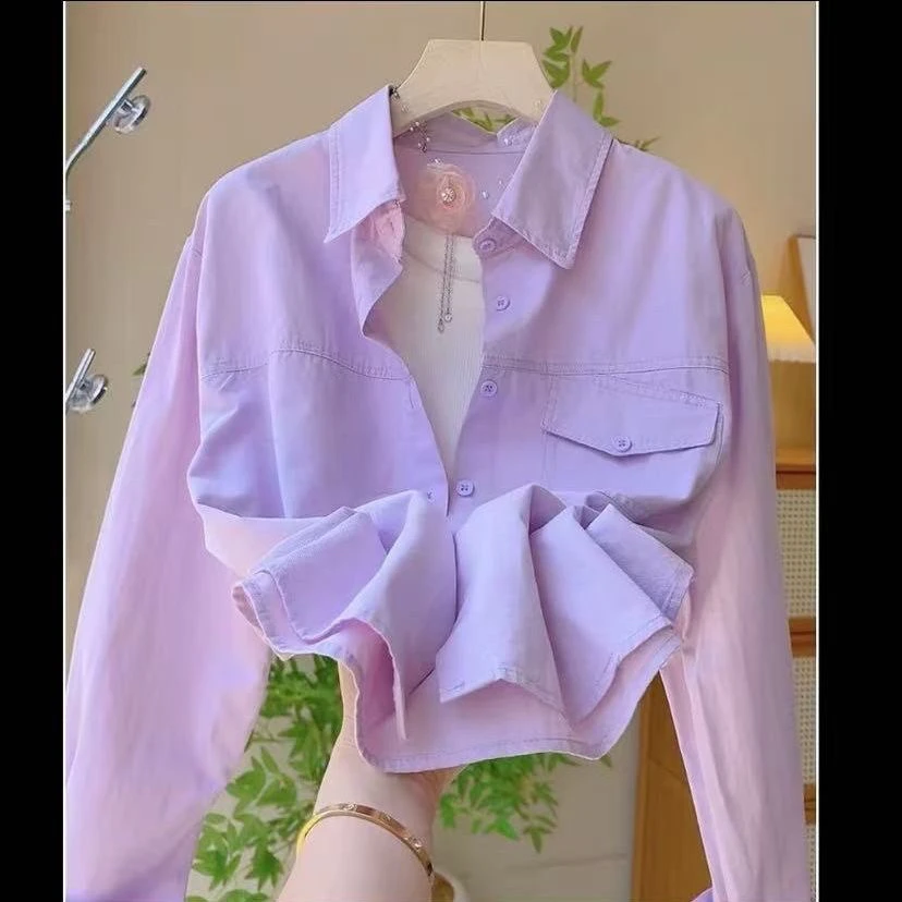 ins长袖衬衫小个子2025网红宽松休闲衬衣外套上衣新款短款时尚女