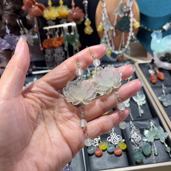 蛇纹石玉银S925镶嵌耳饰