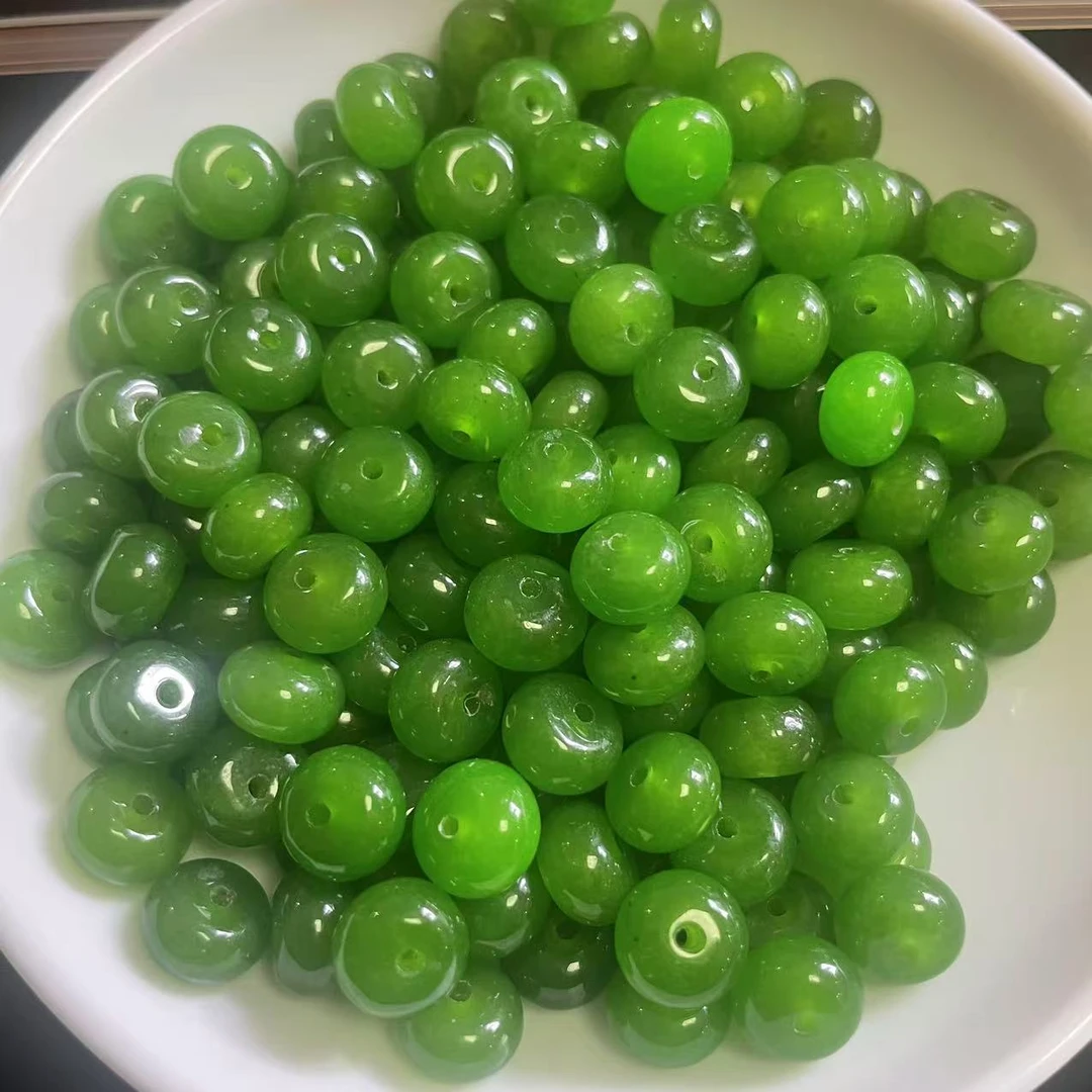 散珠天然和田玉  菠菜绿算盘珠63--卡5*8MM -- 20颗（赠弹力绳）