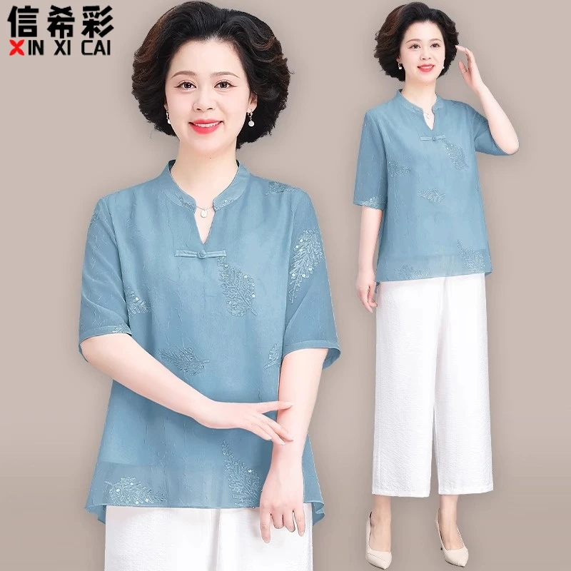 妈妈夏装国风短袖T恤上衣中老年人女夏季洋气刺绣小衫套装两件套