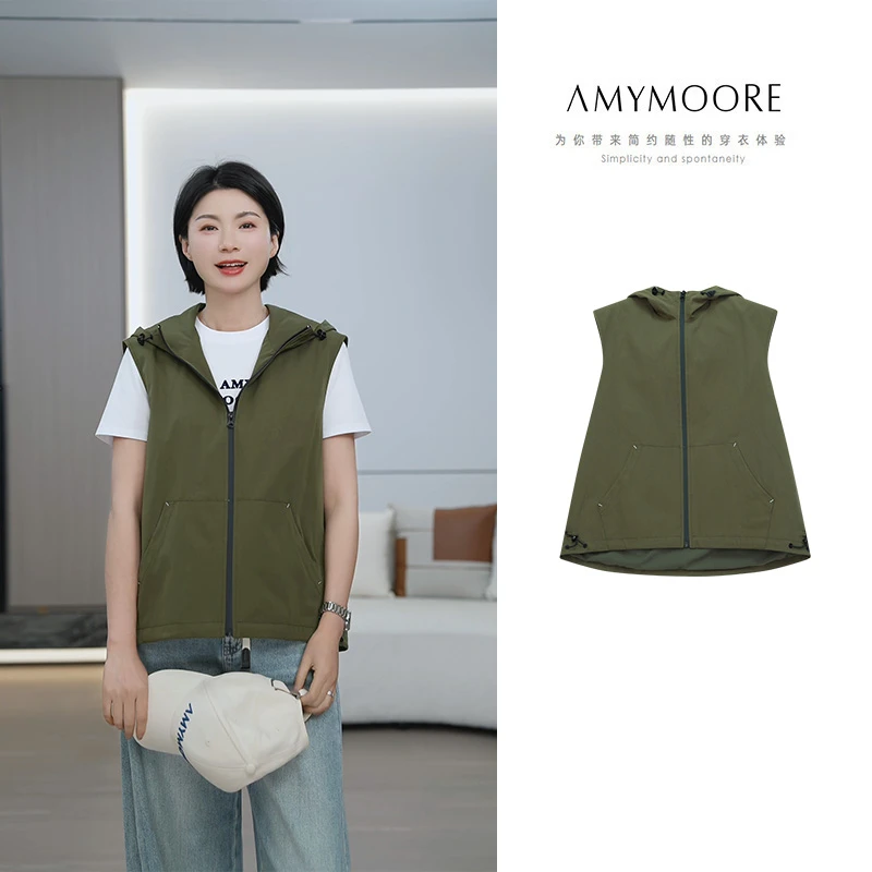 【为爱放价】AMYMOORE艾莫尔女装马夹外套休闲连帽马甲透气431617