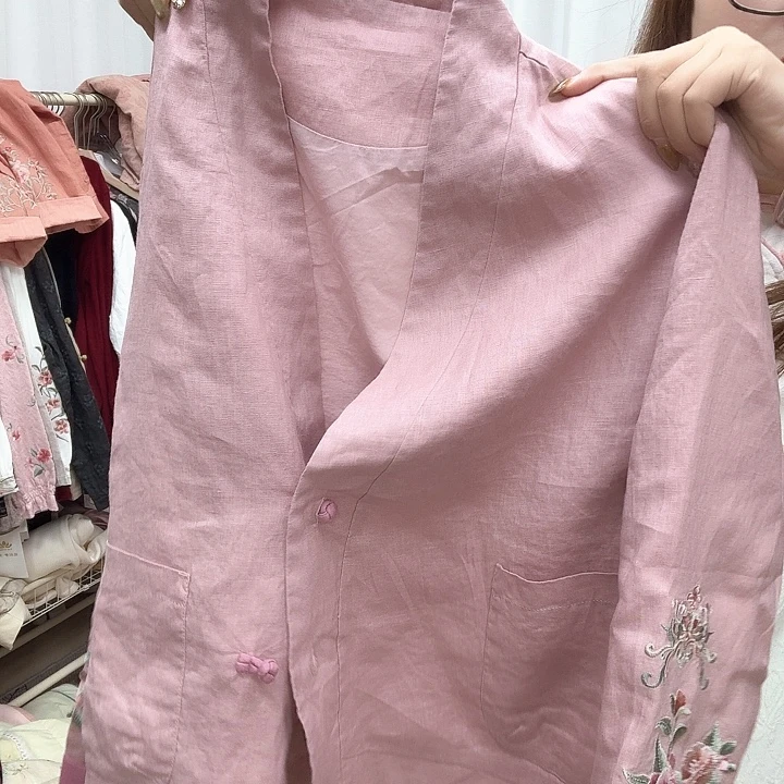 3380粉色亚麻外套女