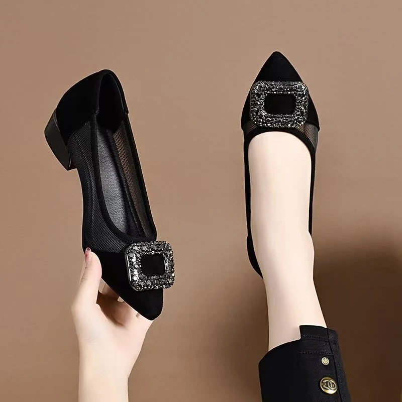 （真软皮撤柜）春秋新款浅口法式方扣水钻气质黑色尖头网纱单鞋女