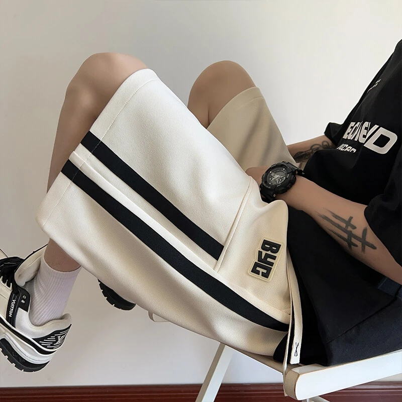 [男女同款]夏季新款美式撞色条纹拼接宽松阔腿男女大码透气短裤