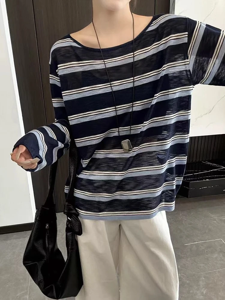 欧货设计感后背镂空系带百搭针织防晒罩衫女25夏季宽松条纹上衣