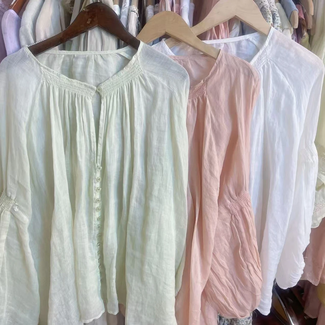 山中桂枝 日系蕾丝边拼接蓝色苎麻短袖上衣女薄款刺绣衬衫夏季